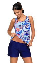 Blue Coral Floral Print Tankini and Short Swimsuit